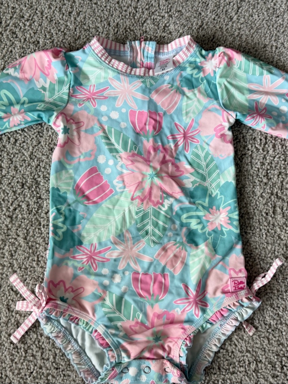 Ruffle Butts Pink & Aqua Floral Long-Sleeve Rashguard